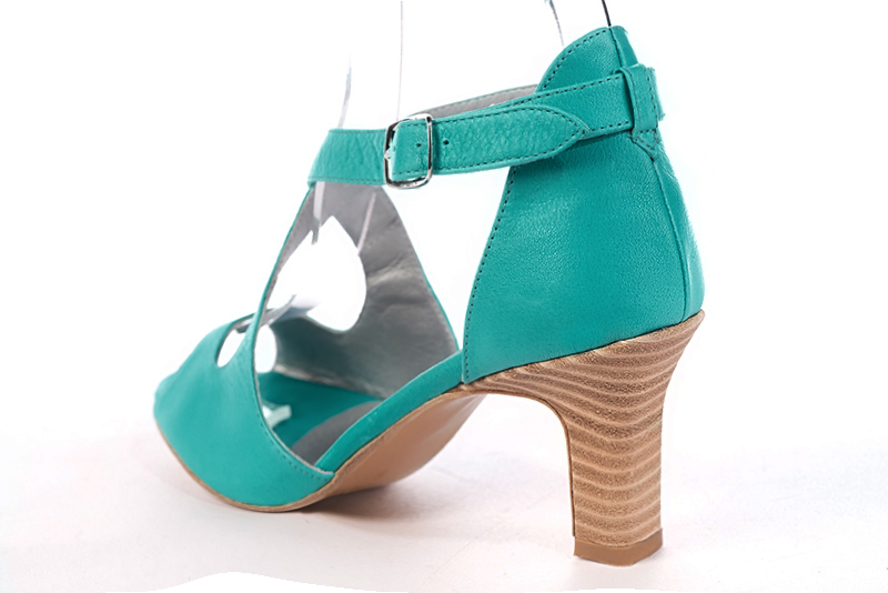 Aquamarine blue women's closed back sandals, with crossed straps. Round toe. High kitten heels. Rear view - Florence KOOIJMAN